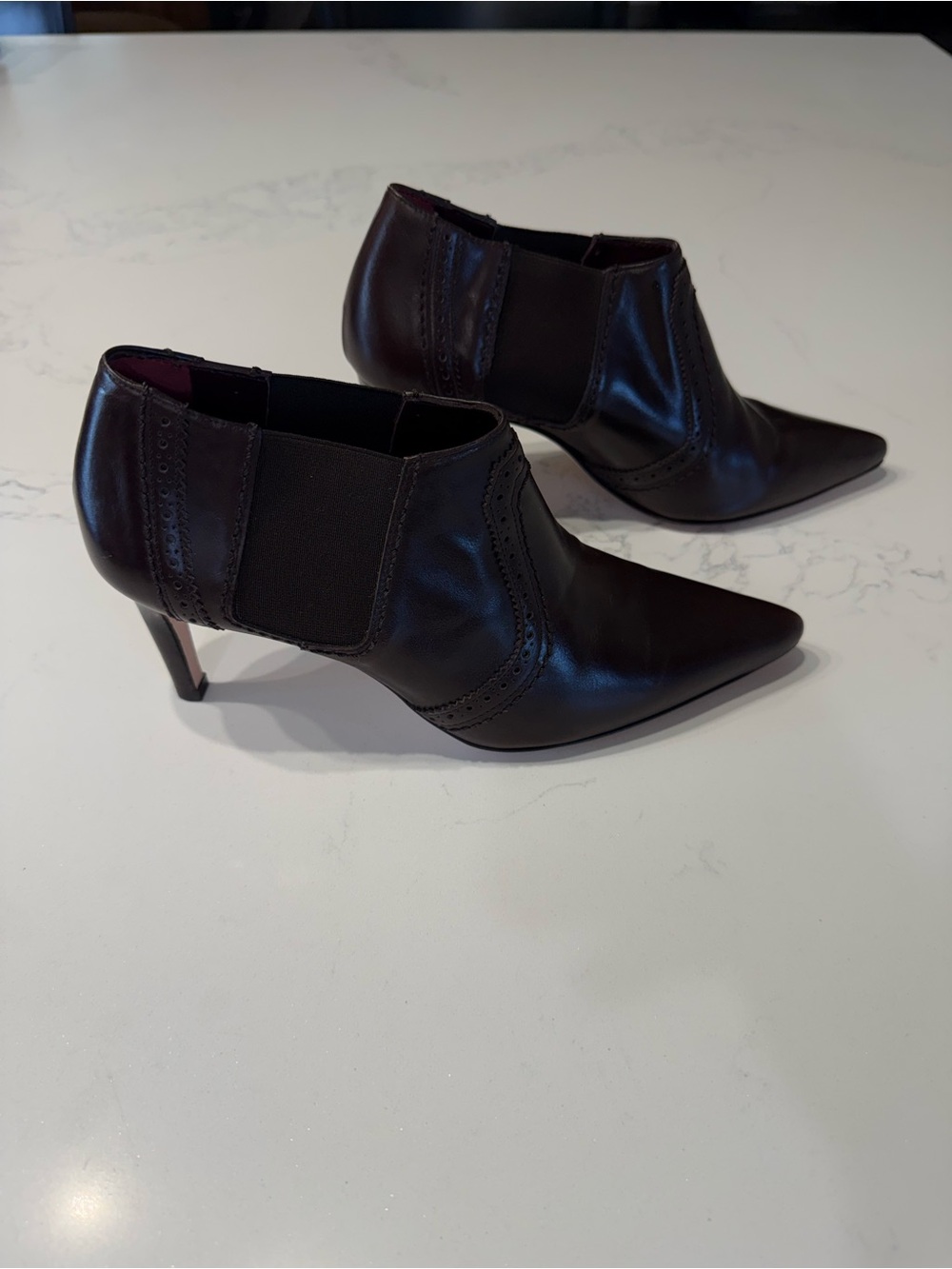 Etienne Aigner Dark Brown Pointed Toe Leather Ankle Booties Western Details